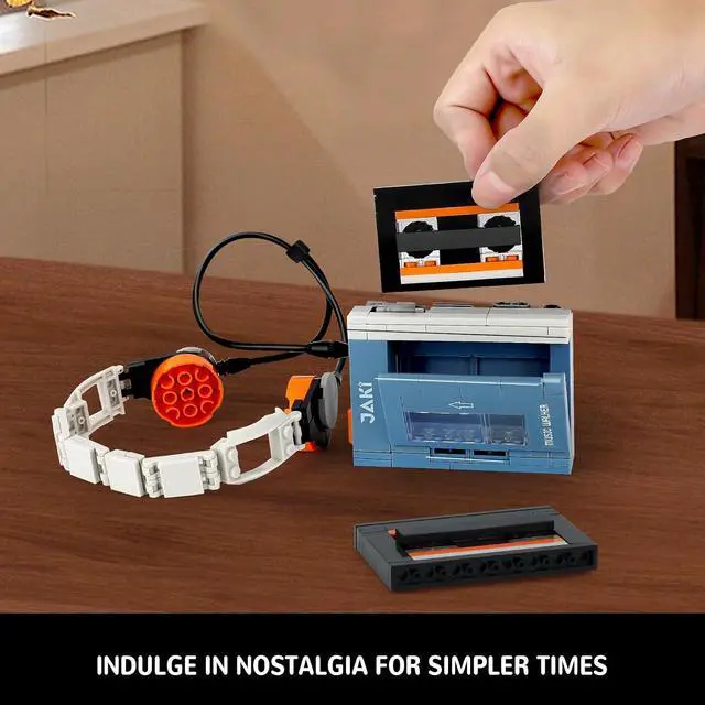 Alt view image 2 of 6 - Retro Cassette Player Building Set with Headphones Display Model | Opening tape compartment, removable cassette and adjustable headphones with flexible cord create a nostalgic music display.