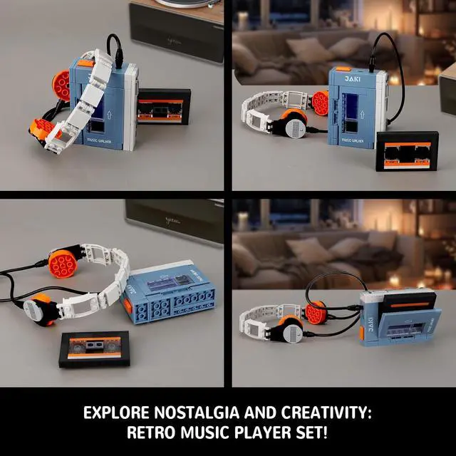 Alt view image 3 of 6 - Retro Cassette Player Building Set with Headphones Display Model | Opening tape compartment, removable cassette and adjustable headphones with flexible cord create a nostalgic music display.