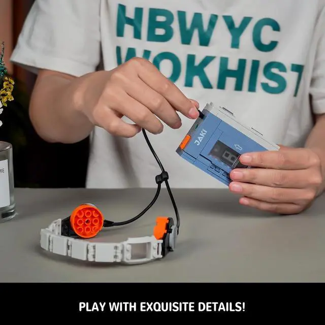 Alt view image 4 of 6 - Retro Cassette Player Building Set with Headphones Display Model | Opening tape compartment, removable cassette and adjustable headphones with flexible cord create a nostalgic music display.