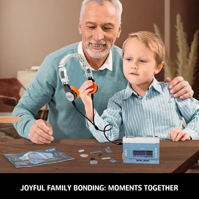 Alt view image 5 of 6 - Retro Cassette Player Building Set with Headphones Display Model | Opening tape compartment, removable cassette and adjustable headphones with flexible cord create a nostalgic music display.