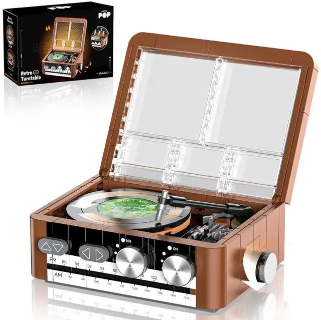 Main image of Record Player Building Set Compatible with Lego Spinning Vinyl | Vintage turntable with spinning vinyl, movable stylus and hinged clear cover creates an interactive desk or shelf display.