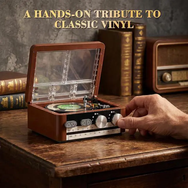 Alt view image 2 of 6 - Record Player Building Set Compatible with Lego Spinning Vinyl | Vintage turntable with spinning vinyl, movable stylus and hinged clear cover creates an interactive desk or shelf display.