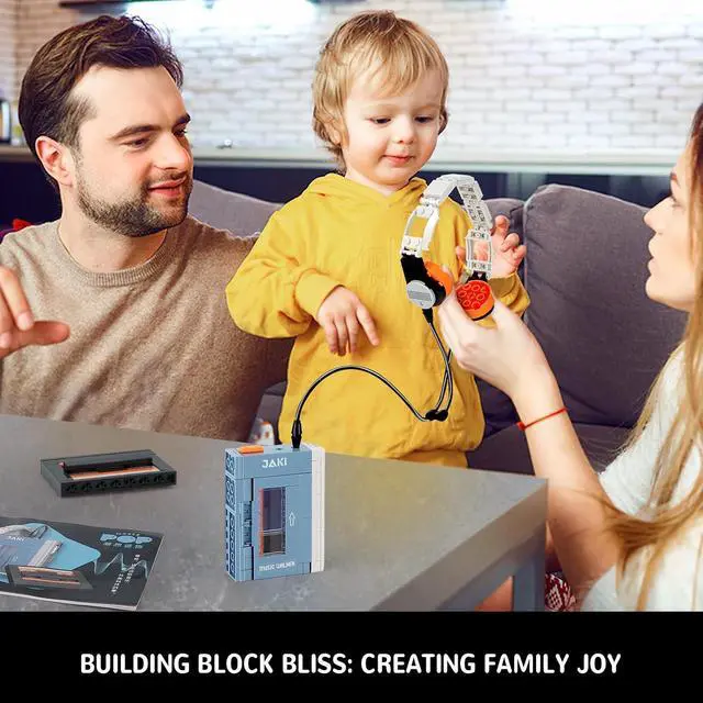Alt view image 6 of 6 - Retro Cassette Player Building Set with Headphones Display Model | Opening tape compartment, removable cassette and adjustable headphones with flexible cord create a nostalgic music display.