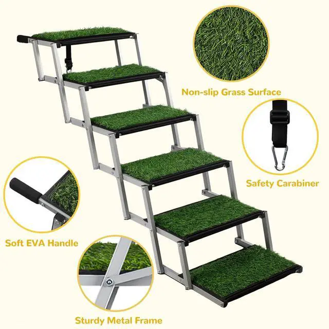 Alt view image 3 of 7 - Grass Dog Stairs for Car,Non-Slip Folding Dog Ramps for Large Dogs,6 Steps | Extra Wide Portable Doggy Steps for Cars, SUV, Trucks,Pet Ramp Supports Up to 250 lbs