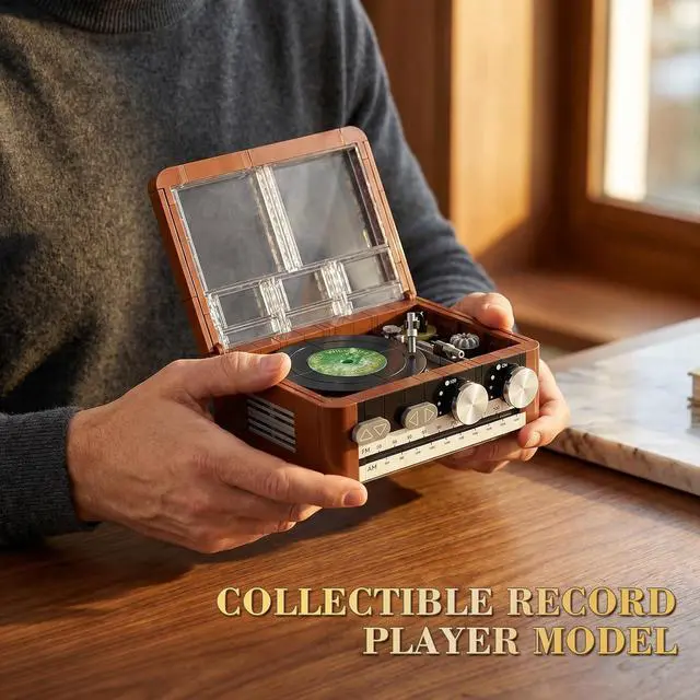 Alt view image 3 of 6 - Record Player Building Set Compatible with Lego Spinning Vinyl | Vintage turntable with spinning vinyl, movable stylus and hinged clear cover creates an interactive desk or shelf display.