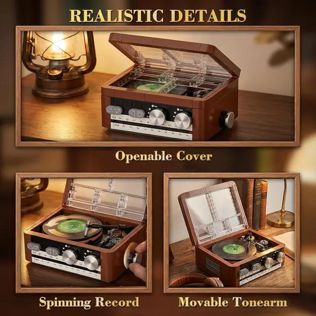 Alt view image 4 of 6 - Record Player Building Set Compatible with Lego Spinning Vinyl | Vintage turntable with spinning vinyl, movable stylus and hinged clear cover creates an interactive desk or shelf display.