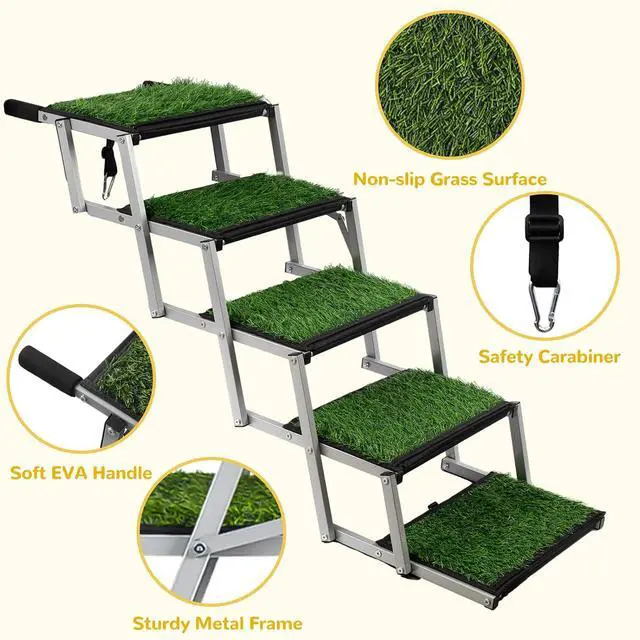 Alt view image 3 of 7 - Grass Dog Stairs for Car,Non-Slip Folding Dog Ramps for Large Dogs, 5 Steps | Extra Wide Portable Doggy Steps for Cars, SUV, Trucks,Pet Ramp Supports Up to 200 lbs