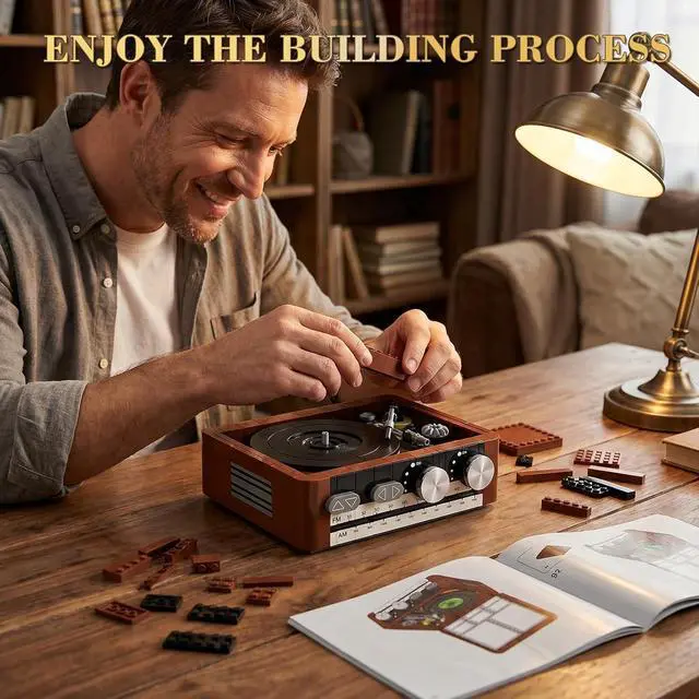 Alt view image 6 of 6 - Record Player Building Set Compatible with Lego Spinning Vinyl | Vintage turntable with spinning vinyl, movable stylus and hinged clear cover creates an interactive desk or shelf display.