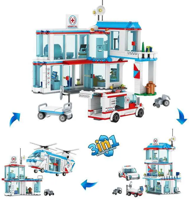 Main image of City Hospital STEM 3 in1 Building Sets, Gift for 6 7 8 9 10 Boys, 687 PCS | Compatible with Ambulance Tor Truck, Rescue Helicopter, Connect to Other City Sets