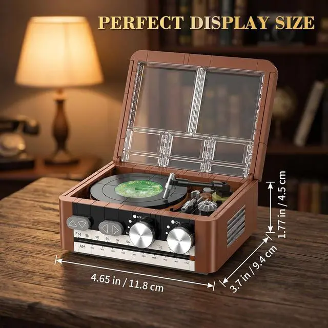 Alt view image 5 of 6 - Record Player Building Set Compatible with Lego Spinning Vinyl | Vintage turntable with spinning vinyl, movable stylus and hinged clear cover creates an interactive desk or shelf display.