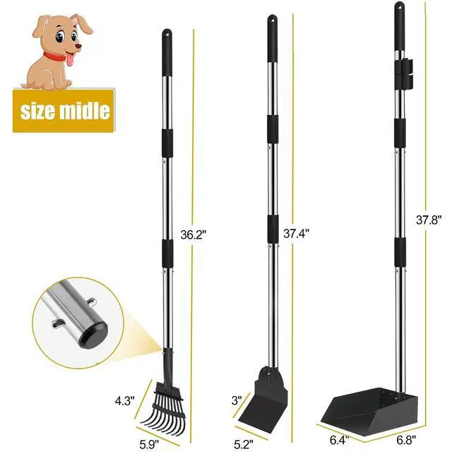 Alt view image 3 of 6 - Pooper Scooper for Dogs, Metal Poop Scooper Tray and Rake Set with Adjustable Long Handle, Dog Pooper Scooper for Pet Waste Removal