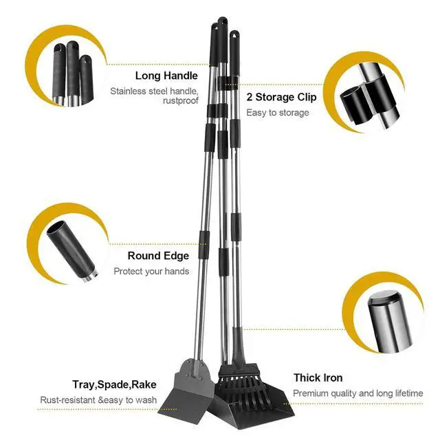 Alt view image 2 of 6 - Pooper Scooper for Dogs, Metal Poop Scooper Tray and Rake Set with Adjustable Long Handle, Dog Pooper Scooper for Pet Waste Removal