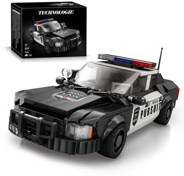 Main image of Police Pursuit Car Building Set Compatible with Lego 404pc | Black-and-white pursuit car has a roof light bar, grille guard, side graphics and antenna for realistic play and display.
