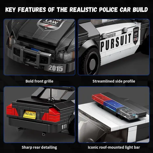 Alt view image 4 of 6 - Police Pursuit Car Building Set Compatible with Lego 404pc | Black-and-white pursuit car has a roof light bar, grille guard, side graphics and antenna for realistic play and display.