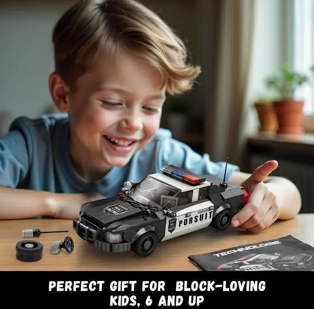 Alt view image 6 of 6 - Police Pursuit Car Building Set Compatible with Lego 404pc | Black-and-white pursuit car has a roof light bar, grille guard, side graphics and antenna for realistic play and display.