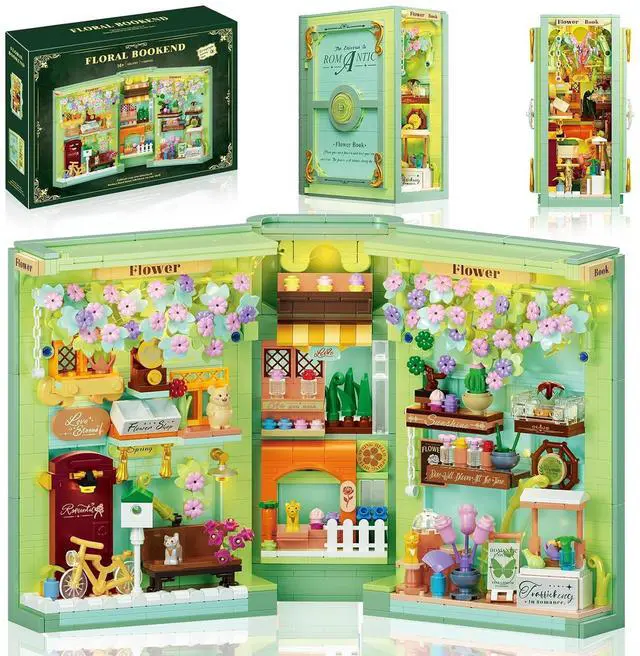 Main image of Floral Book Nook Building Set with Light, Compatible with Flowers DIY Booknook Building Block kit for Home Decor Bookshelf, 1106 PCS Bookend House Building Toy Gift for Adult 14+