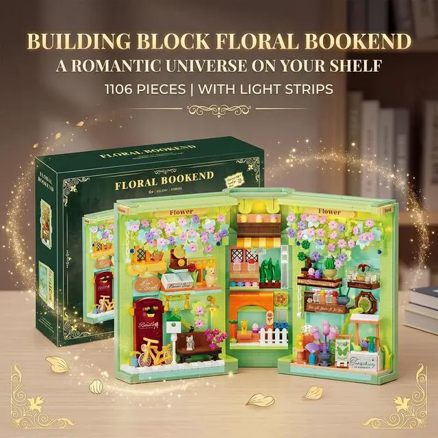 Alt view image 2 of 7 - Floral Book Nook Building Set with Light, Compatible with Flowers DIY Booknook Building Block kit for Home Decor Bookshelf, 1106 PCS Bookend House Building Toy Gift for Adult 14+