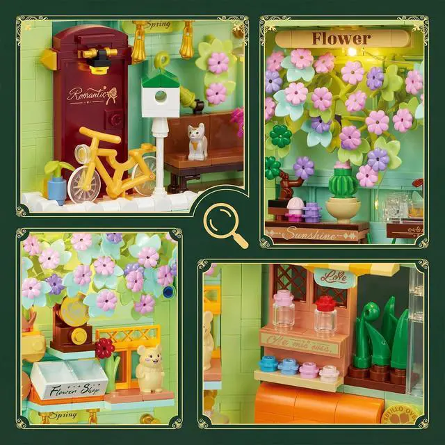 Alt view image 3 of 7 - Floral Book Nook Building Set with Light, Compatible with Flowers DIY Booknook Building Block kit for Home Decor Bookshelf, 1106 PCS Bookend House Building Toy Gift for Adult 14+