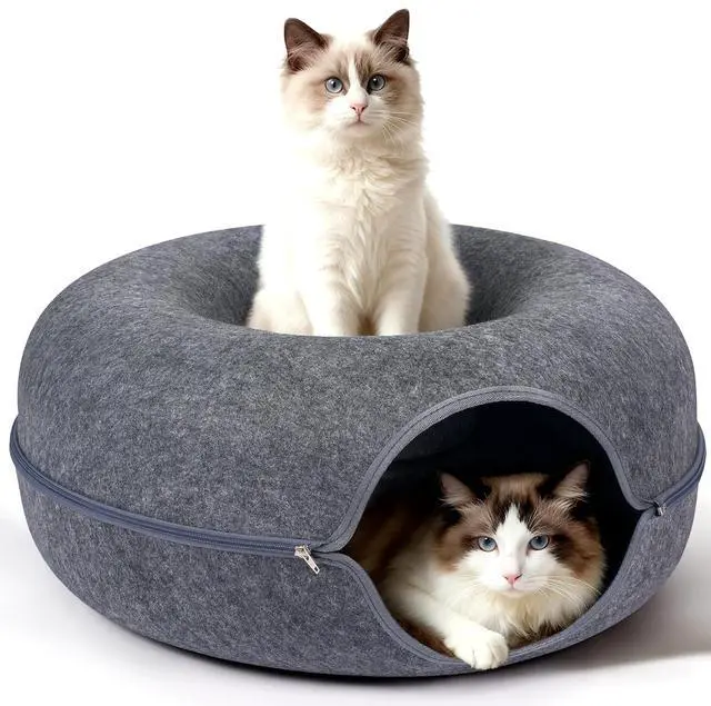 Main image of Cat Cave Bed - Peekaboo Cat Donut Tunnel, Scratch-Resistant Felt Cat Nest for Indoor Cats, Detachable Round Cat Hideaway for Playing, Sleeping and Hiding, Large Size for Multiple Cats