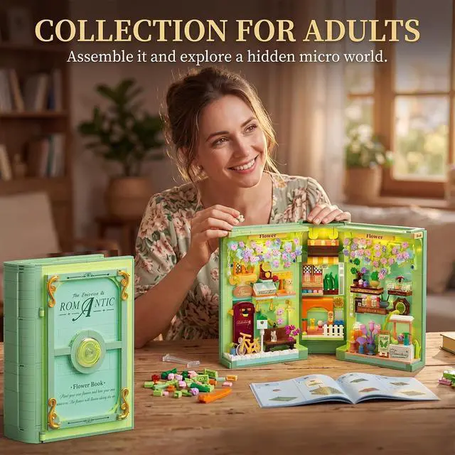 Alt view image 5 of 7 - Floral Book Nook Building Set with Light, Compatible with Flowers DIY Booknook Building Block kit for Home Decor Bookshelf, 1106 PCS Bookend House Building Toy Gift for Adult 14+