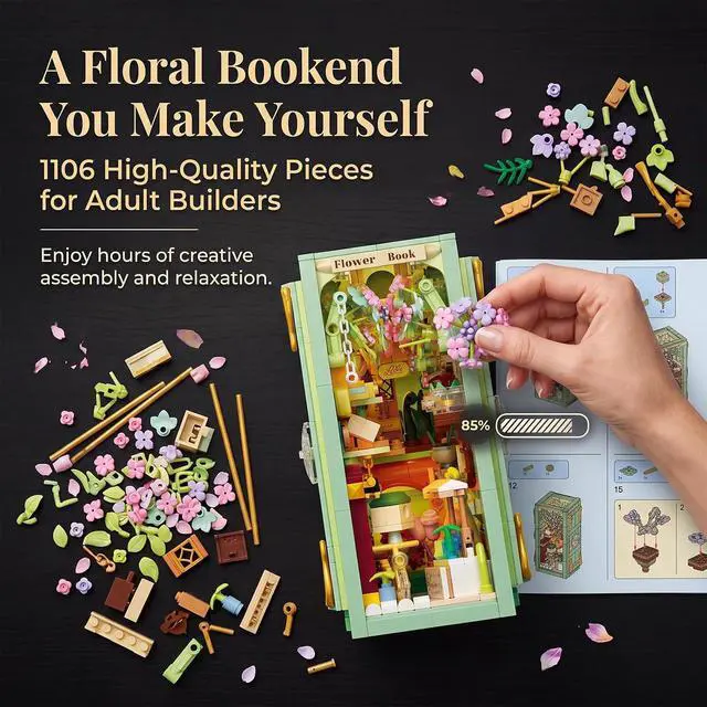 Alt view image 6 of 7 - Floral Book Nook Building Set with Light, Compatible with Flowers DIY Booknook Building Block kit for Home Decor Bookshelf, 1106 PCS Bookend House Building Toy Gift for Adult 14+