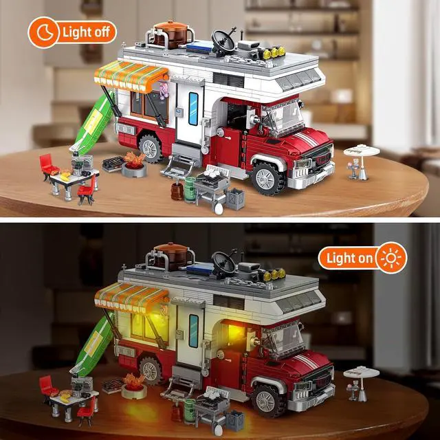 Alt view image 3 of 6 - Camper Van Building Set with LED Lights, Camping RV Model, 924pc | Detachable camper has LED light, customizable interior, campfire, grill, table and chairs for detailed camping scenes.