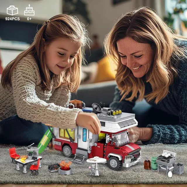 Alt view image 5 of 6 - Camper Van Building Set with LED Lights, Camping RV Model, 924pc | Detachable camper has LED light, customizable interior, campfire, grill, table and chairs for detailed camping scenes.
