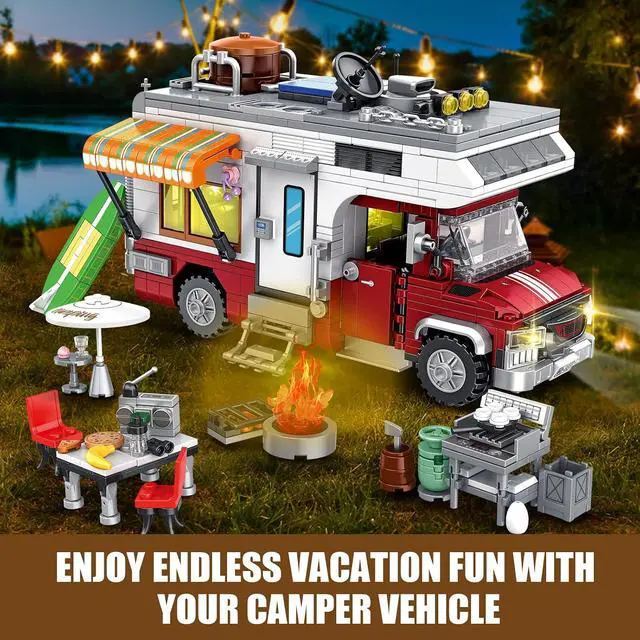Alt view image 4 of 6 - Camper Van Building Set with LED Lights, Camping RV Model, 924pc | Detachable camper has LED light, customizable interior, campfire, grill, table and chairs for detailed camping scenes.