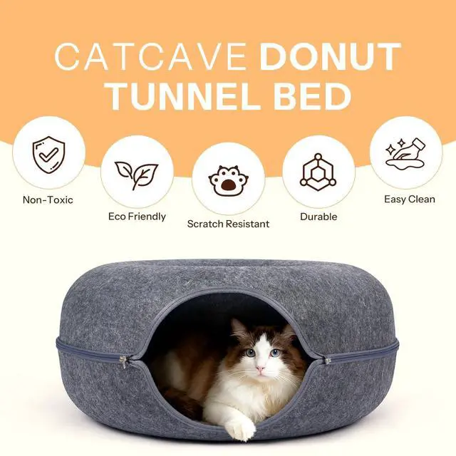 Alt view image 5 of 7 - Cat Cave Bed - Peekaboo Cat Donut Tunnel, Scratch-Resistant Felt Cat Nest for Indoor Cats, Detachable Round Cat Hideaway for Playing, Sleeping and Hiding, Large Size for Multiple Cats
