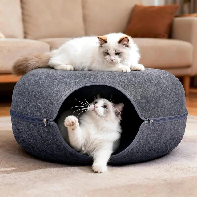 Alt view image 7 of 7 - Cat Cave Bed - Peekaboo Cat Donut Tunnel, Scratch-Resistant Felt Cat Nest for Indoor Cats, Detachable Round Cat Hideaway for Playing, Sleeping and Hiding, Large Size for Multiple Cats
