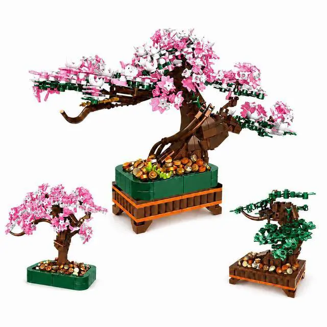 Main image of 3-in-1 Cherry Blossom Bonsai Tree Building Set, 711 Pieces | Rebuild one 711-piece set into three bonsai configurations for a changing botanical display