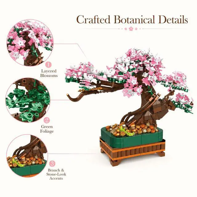 Alt view image 3 of 7 - 3-in-1 Cherry Blossom Bonsai Tree Building Set, 711 Pieces | Rebuild one 711-piece set into three bonsai configurations for a changing botanical display