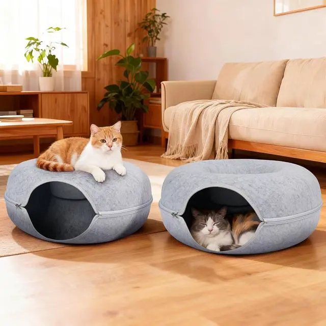 Alt view image 7 of 7 - Peekaboo Cat Cave Bed for Indoor Cats, Scratch-Resistant Cat Donut Tunnel for Multiple & Large Cats, Detachable Round Cat Hideaway for Playing, Sleeping and Hiding