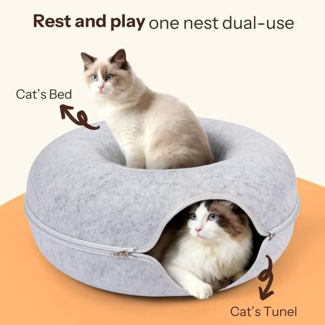 Alt view image 4 of 7 - Peekaboo Cat Cave Bed for Indoor Cats, Scratch-Resistant Cat Donut Tunnel for Multiple & Large Cats, Detachable Round Cat Hideaway for Playing, Sleeping and Hiding