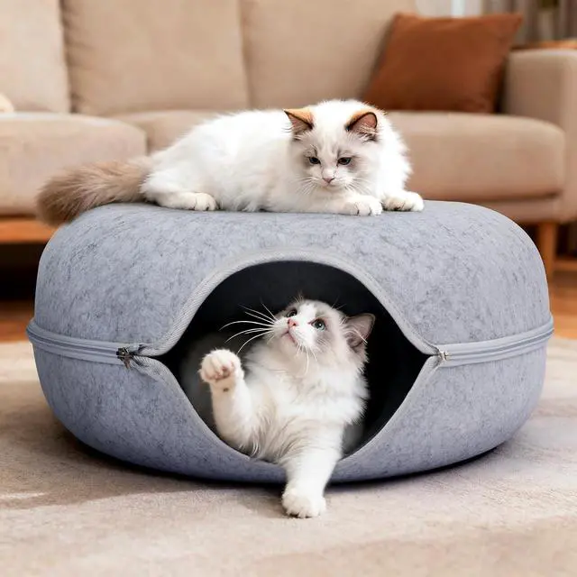 Main image of Peekaboo Cat Cave Bed for Indoor Cats, Scratch-Resistant Cat Donut Tunnel for Multiple & Large Cats, Detachable Round Cat Hideaway for Playing, Sleeping and Hiding