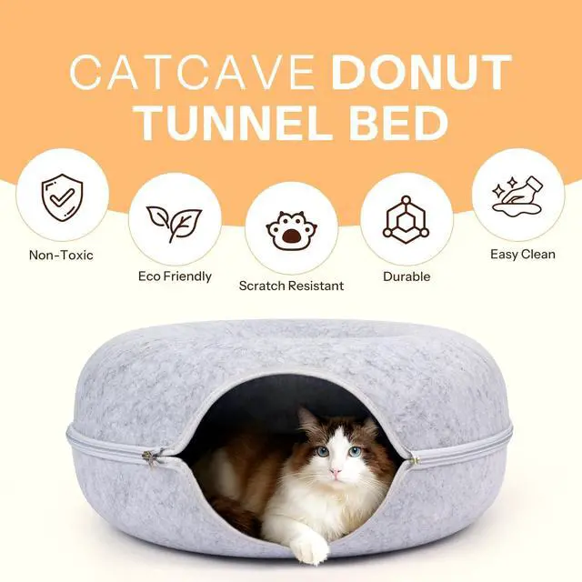 Alt view image 5 of 7 - Peekaboo Cat Cave Bed for Indoor Cats, Scratch-Resistant Cat Donut Tunnel for Multiple & Large Cats, Detachable Round Cat Hideaway for Playing, Sleeping and Hiding