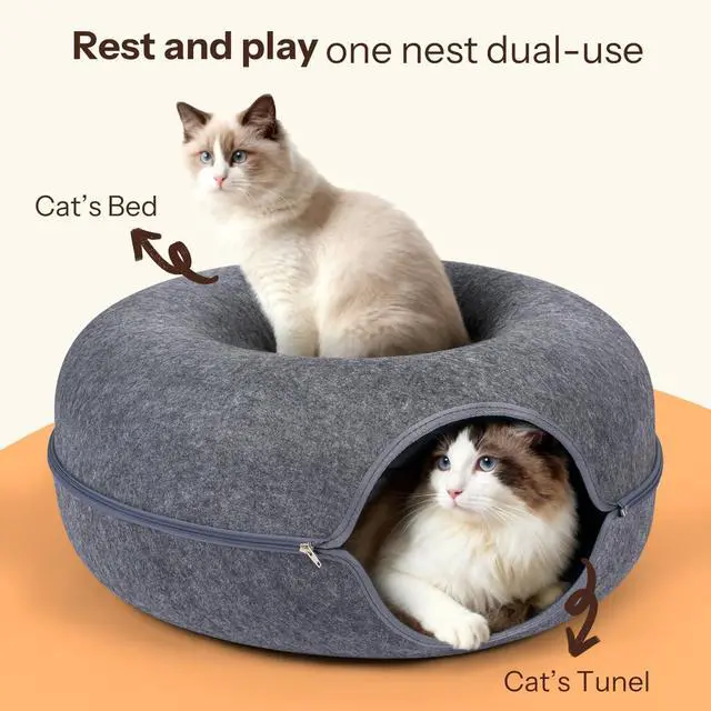 Alt view image 5 of 7 - Peekaboo Cat Cave Bed for Indoor Cats, Scratch-Resistant Cat Donut Tunnel for Multiple & Large Cats, Detachable Round Cat Hideaway for Playing, Sleeping and Hiding