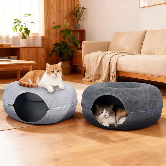 Alt view image 7 of 7 - Peekaboo Cat Cave Bed for Indoor Cats, Scratch-Resistant Cat Donut Tunnel for Multiple & Large Cats, Detachable Round Cat Hideaway for Playing, Sleeping and Hiding