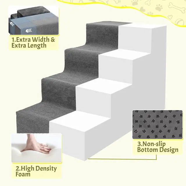 Alt view image 3 of 7 - Dog Stairs for Small Dogs and Cats,18'H Non-Slip Bottom Pet Steps for High Beds and Couch,Extra Wide High-Density Foam Pet Stairs Grey,4 Steps