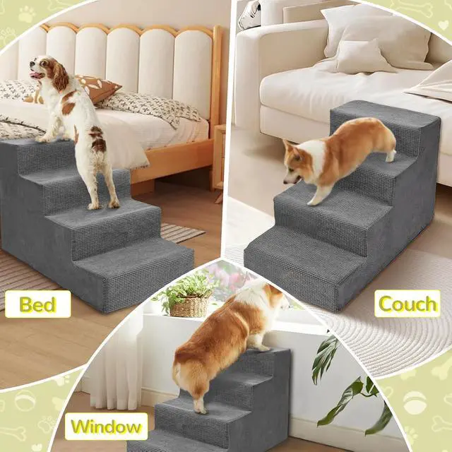 Alt view image 6 of 7 - Dog Stairs for Small Dogs and Cats,18'H Non-Slip Bottom Pet Steps for High Beds and Couch,Extra Wide High-Density Foam Pet Stairs Grey,4 Steps