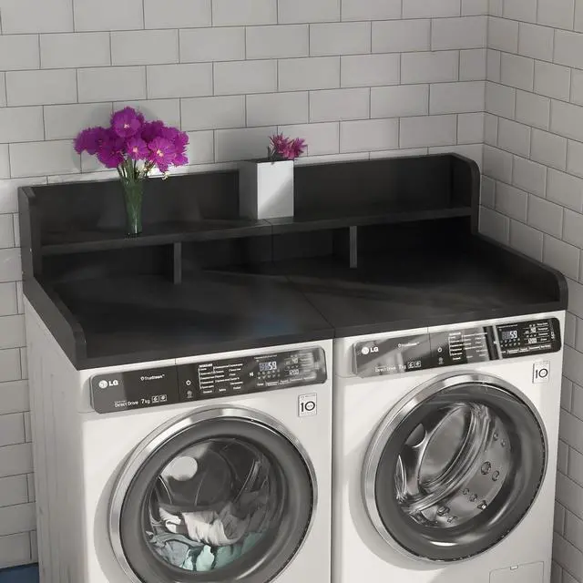 Main image of 54" Washer Dryer Countertop with Shelf, Stop Edge and Non-slip Pads, Black | Wooden Laundry Countertop, 54" x 27.5" Double Layer Topper for Laundry Room Organization Hamper Counter, Sorting, Folding