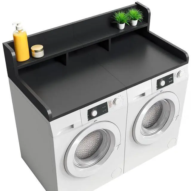 Alt view image 6 of 7 - 54" Washer Dryer Countertop with Shelf, Stop Edge and Non-slip Pads, Black | Wooden Laundry Countertop, 54" x 27.5" Double Layer Topper for Laundry Room Organization Hamper Counter, Sorting, Folding