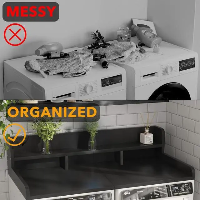 Alt view image 7 of 7 - 54" Washer Dryer Countertop with Shelf, Stop Edge and Non-slip Pads, Black | Wooden Laundry Countertop, 54" x 27.5" Double Layer Topper for Laundry Room Organization Hamper Counter, Sorting, Folding