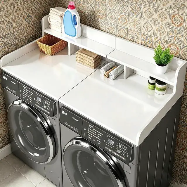 Main image of 58" Washer Dryer Countertop with Shelf, Stop Edge and Non-slip Pads, White | Wooden Laundry Countertop, 58" x 28" Double Layer Topper for Laundry Room Organization Hamper Counter, Sorting, Folding