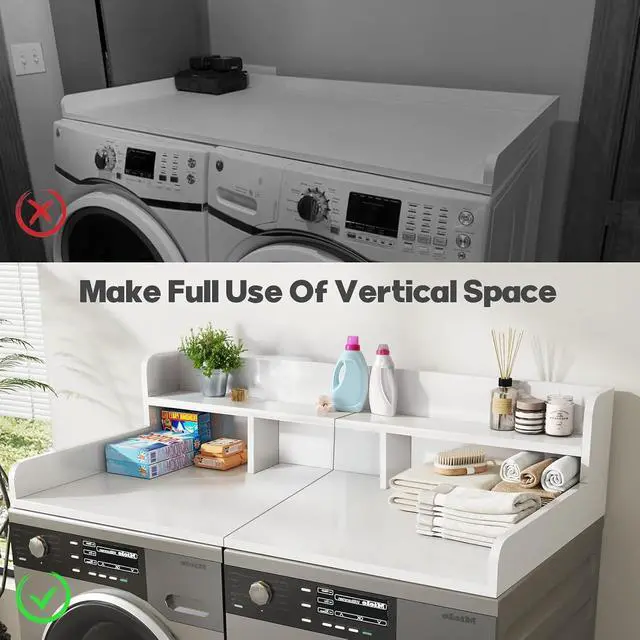 Alt view image 4 of 7 - 58" Washer Dryer Countertop with Shelf, Stop Edge and Non-slip Pads, White | Wooden Laundry Countertop, 58" x 28" Double Layer Topper for Laundry Room Organization Hamper Counter, Sorting, Folding