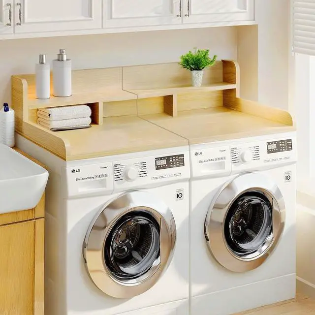 Main image of 54" Washer Dryer Countertop with Shelf, Stop Edge and Non-slip Pads, Oak | Wooden Laundry Countertop, 54" x 27.5" Double Layer Topper for Laundry Room Organization Hamper Counter, Sorting, Folding