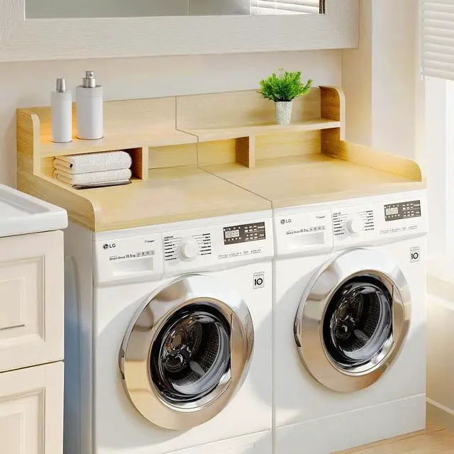 Alt view image 2 of 7 - 54" Washer Dryer Countertop with Shelf, Stop Edge and Non-slip Pads, Oak | Wooden Laundry Countertop, 54" x 27.5" Double Layer Topper for Laundry Room Organization Hamper Counter, Sorting, Folding