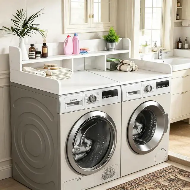 Alt view image 6 of 7 - 58" Washer Dryer Countertop with Shelf, Stop Edge and Non-slip Pads, White | Wooden Laundry Countertop, 58" x 28" Double Layer Topper for Laundry Room Organization Hamper Counter, Sorting, Folding