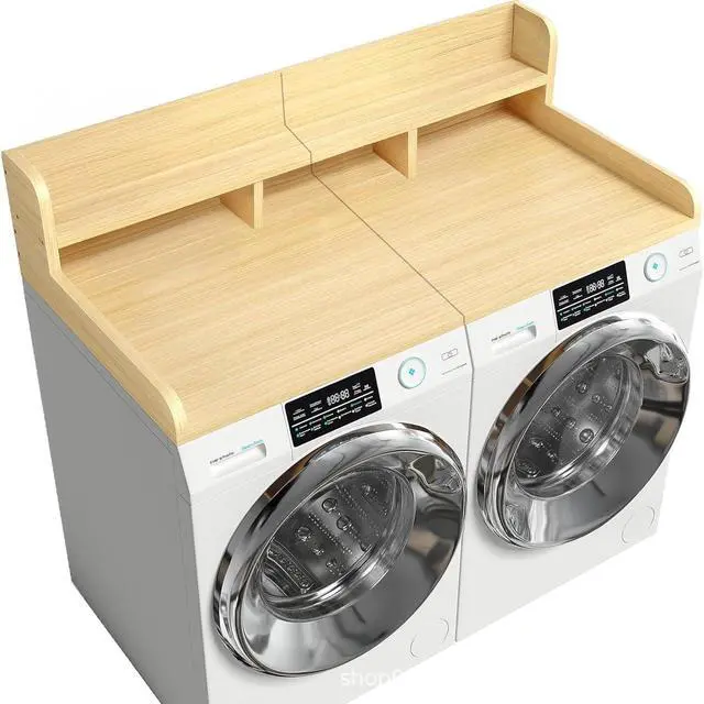 Alt view image 5 of 7 - 54" Washer Dryer Countertop with Shelf, Stop Edge and Non-slip Pads, Oak | Wooden Laundry Countertop, 54" x 27.5" Double Layer Topper for Laundry Room Organization Hamper Counter, Sorting, Folding