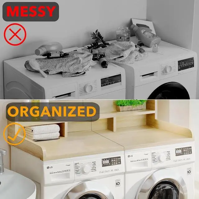 Alt view image 6 of 7 - 54" Washer Dryer Countertop with Shelf, Stop Edge and Non-slip Pads, Oak | Wooden Laundry Countertop, 54" x 27.5" Double Layer Topper for Laundry Room Organization Hamper Counter, Sorting, Folding